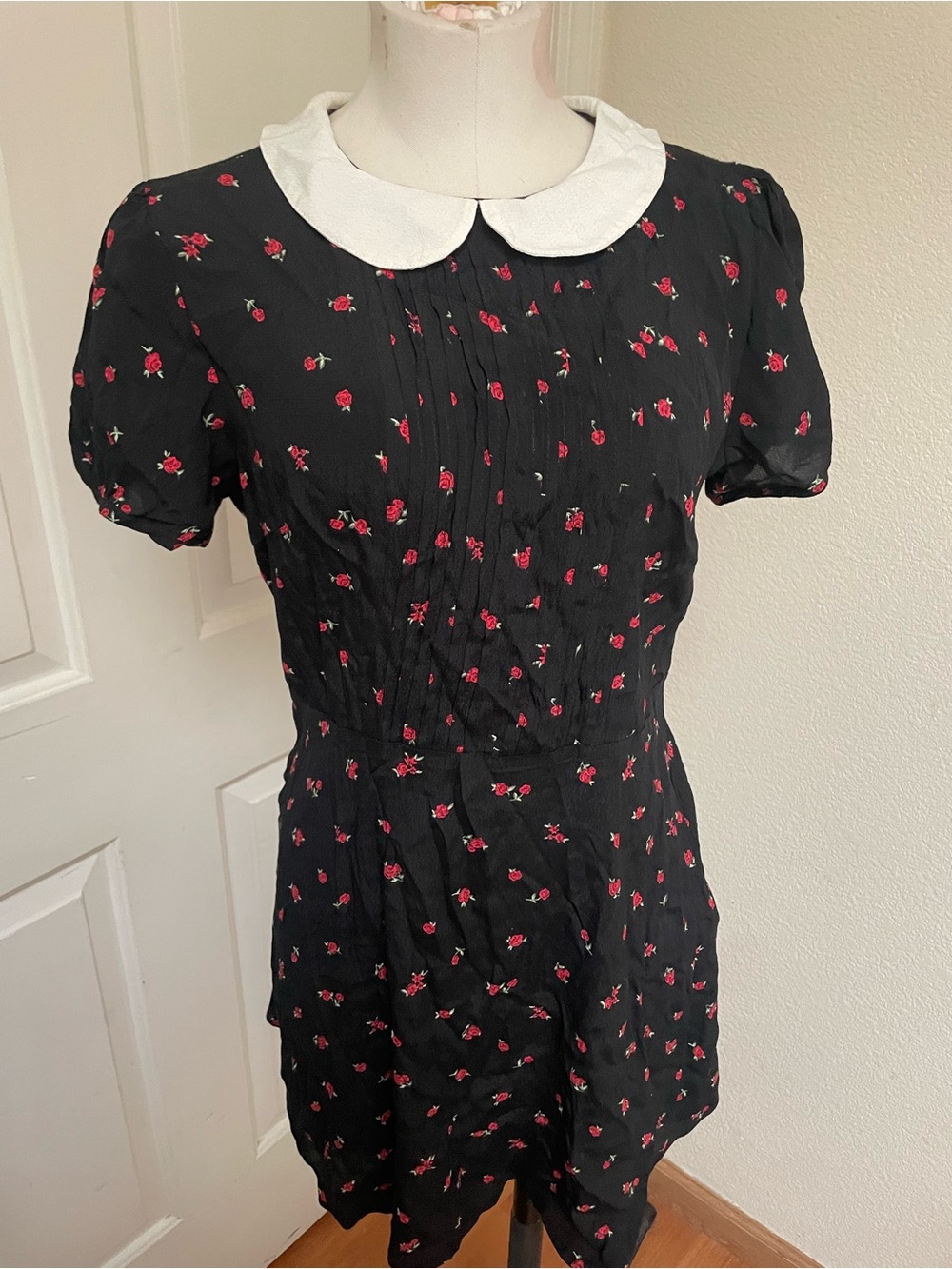 Black Mini Dress with White Peter Pan Collar and Red Floral Print